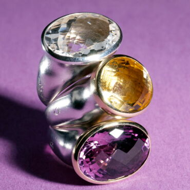 Ringserie"Einstein"aus Silber und 750er Gelbgold mit Amethyst, Bergkristall und Citrin